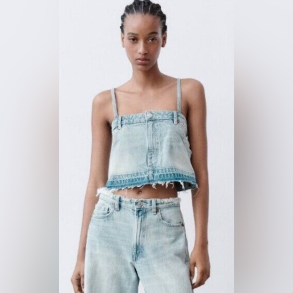 Zara Denim Jean Cropped Top Spaghetti Strap Blue Wash  Bloggers
